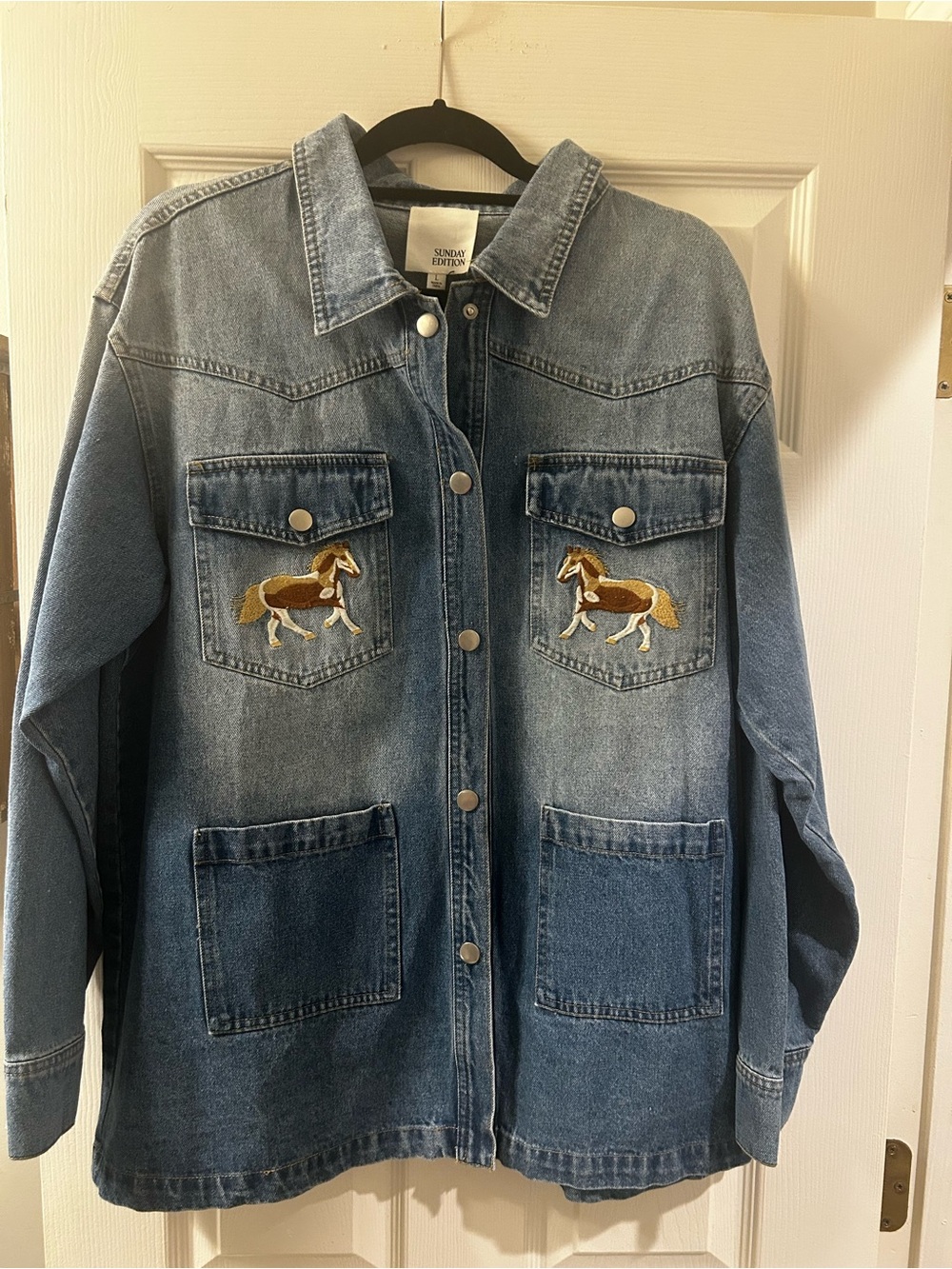 Sunday Light Blue Denim Jacket with Embroidered Horse Patches